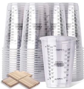 Epoxy Resin Mixing Cups, 50pcs 240ml/8oz Disposable Measuring Cups with 50pcs Wooden Stirring Sticks, Plastic Measuring Cups for Liquids, Mixing Resin, Paint, Pigment, Cooking (FREE POSTAGE)