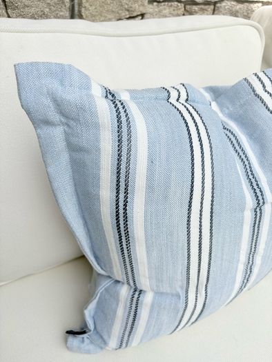New 52cm x 52cm Oxford style Cambridge blue, French navy and white outdoor cushion