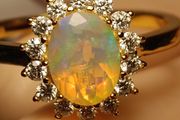 Gold Plated Sterling Silver Rare Facet cut Ethiopian Welo Opal and Moissanite Oval Cluster Ring