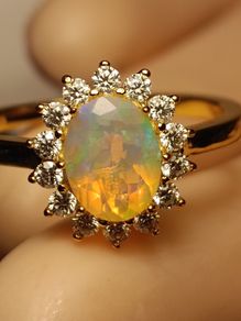 Gold Plated Sterling Silver Rare Facet cut Ethiopian Welo Opal and Lab Grown Moissanite Oval Cluster Ring