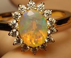 Gold Plated Sterling Silver Rare Facet cut Ethiopian Welo Opal and Moissanite Oval Cluster Ring