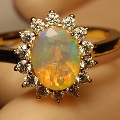 Gold Plated Sterling Silver Rare Facet cut Ethiopian Welo Opal and Moissanite Oval Cluster Ring