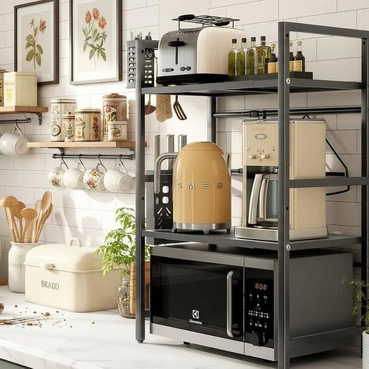 Expandable Microwave Shelf,3-Tier Microwave Stand,Black Adjustable Kitchen storage & Organisation, Heavy Duty Microwave Rack with Knife Holder, Cutlery Box & Cutting Board Rack