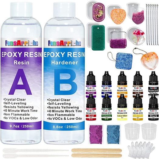 Epoxy Resin Kit 500ml, 2 Part Casting Resin Starter Kit, Resin Kits for Beginners, Epoxy Resin and Hardener with Key Chains Moulds for Sculpting Moulding & Casting, Art & Craft, Jewelry Making Kit (FREE SHIPPING)