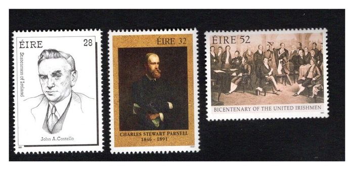 1991 Ireland Irish Statesman: Birth Centenary of John Costello, Death Centenary of Charles Parnell & 200th Anniversary of the First Meeting of the United Irishmen Commemorative Stamps Mint Never Hinged (MNH)