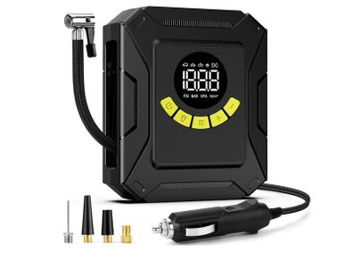 Digital Tyre Inflator, Pump with 4 Nozzle Adaptors and Digital LED Light, 12V