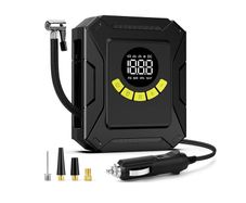 Digital Tyre Inflator, Pump with 4 Nozzle Adaptors and Digital LED Light, 12V