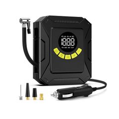 Digital Tyre Inflator, Pump with 4 Nozzle Adaptors and Digital LED Light, 12V
