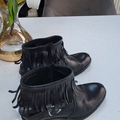 HUNDRED black leather fringe ankle boots Sz 6UK - Rrp 129 (New)