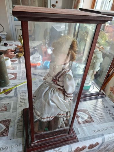Collector's Porcelain Doll, In A very Large Mahogany Display Case, PRICE IS FOR 1 ONLY these came from a Pub contents,