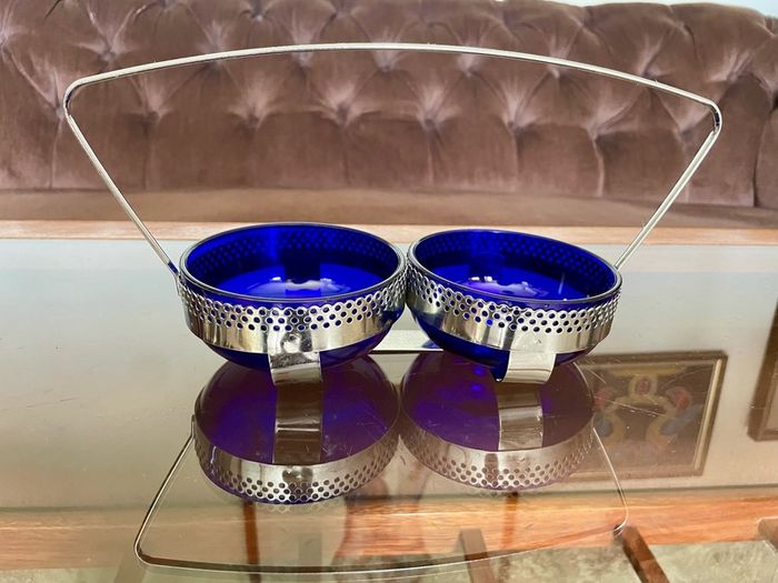 Vintage 1950s Cobalt Blue Glass & Silver Chrome Double Table Basket