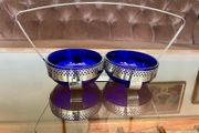 Vintage 1950s Cobalt Blue Glass &amp; Silver Chrome Double Table Basket