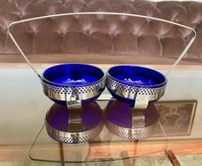 Vintage 1950s Cobalt Blue Glass & Silver Chrome Double Table Basket