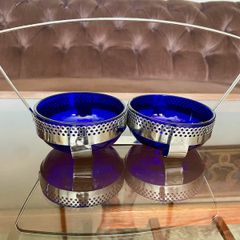 Vintage 1950s Cobalt Blue Glass & Silver Chrome Double Table Basket