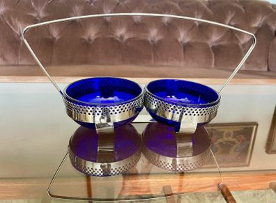 Vintage 1950s Cobalt Blue Glass & Silver Chrome Double Table Basket
