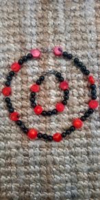 Coral and onyx bracelet and necklace set with 925 sterling silver clasp