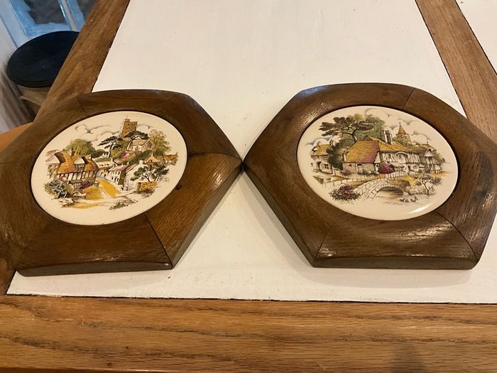 Vintage Plaques .Tikes in Oak Hexagon Shaped Frames