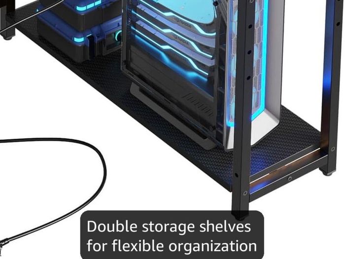 106.5CM L-Shaped Gaming Desk with RGB LED Lights Carbon Fibre Surface, 3 Power Outlets & 2 USB Ports, Reversible Corner Desk with Shelves & Hooks for Home Office & Small Spaces