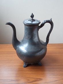 Antique large footed pewter coffee pot by R. Broadhead & Co  Sheffield, England  height 28cm