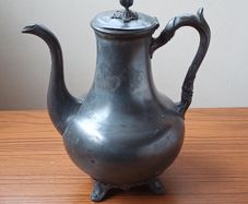 Antique large footed pewter coffee pot by R. Broadhead & Co  Sheffield, England  height 28cm
