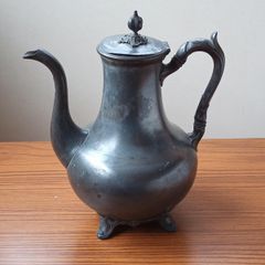 Antique large footed pewter coffee pot by R. Broadhead & Co  Sheffield, England  height 28cm