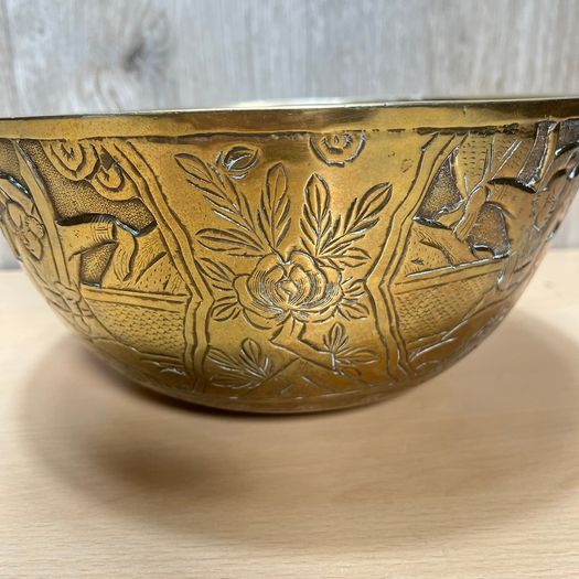 Vintage Chinese Brass Engraved Dish Bowl 24cm China c1930s Old Patina