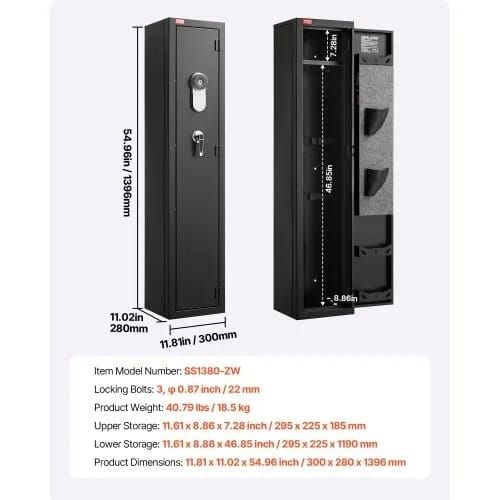 Gun Safe, Heavy Duty Cold-Rolled Steel Rifle Cabinet with Fingerprint & Key, Large Long Gun Cabinet with Magazine and LED, Adjustable Racks for Rifles, Pistols, Shotgun(Assembly Required