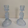 Lovely Pair of Vintage Pressed Glass Candlesticks in Pale Blue Glass with Leaves Motifs, Excellent Condition Image 2