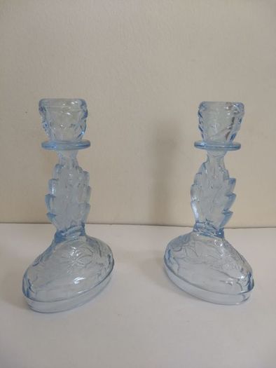 Lovely Pair of Vintage Pressed Glass Candlesticks in Pale Blue Glass with Leaves Motifs, Excellent Condition