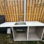 Narrow Sink Along With Vanity Unit And Pipes; Kitchen Sink And Quartz Worktop Unit With Wooden Inparts Image 6