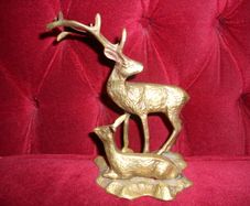Antique Brass Deer with Fawn On Base, (7" x 7")