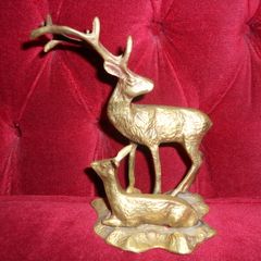Antique Brass Deer with Fawn On Base, (7" x 7")