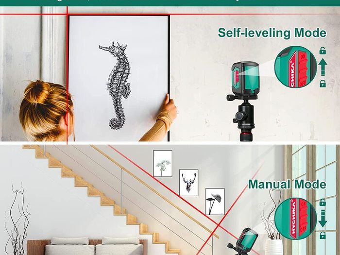 15M Self-Leveling Line Laser with Double Laser Module, 360  Laser with 2 Lines Horizontal/Vertical, Flexible Magnetic Base, 2 x AA Batteries Included
