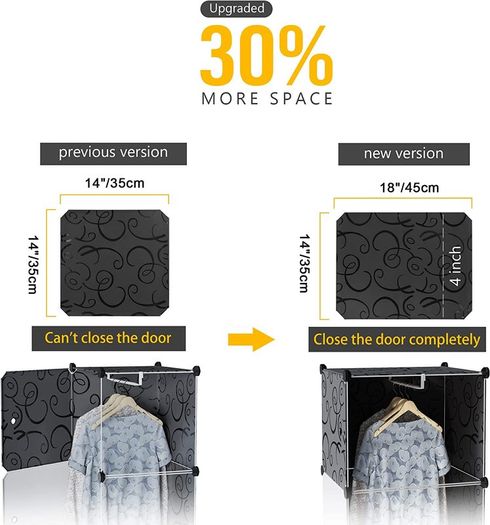 Portable Wardrobe 20 Cube Closet with 3 Clothes Hanging Rails, 14"x18" Deeper Cube Combination Armoire Modular Cabinet Storage Organizer for Bedroom Clothes Shoes Toys, Black & White
