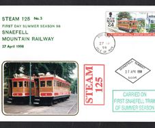 1998 Isle of Man Cover showing First Day Summer season 98 IOM Steam No3 Snaefell Mountain Railway 27th April 1998 tying 24p commemorative stamp with Douglas cancel and Steam 125 & Carried on First MET Tram of Summer Season cancel and Snaefell Summit c