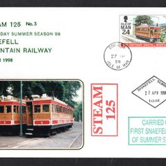 1998 Isle of Man Cover showing First Day Summer season 98 IOM Steam No3 Snaefell Mountain Railway 27th April 1998 tying 24p commemorative stamp with Douglas cancel and Steam 125 & Carried on First MET Tram of Summer Season cancel and Snaefell Summit c