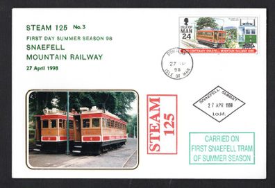 1998 Isle of Man Cover showing First Day Summer season 98 IOM Steam No3 Snaefell Mountain Railway 27th April 1998 tying 24p commemorative stamp with Douglas cancel and Steam 125 & Carried on First MET Tram of Summer Season cancel and Snaefell Summit c