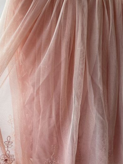 Peach tulle dress with applique and scalloped cap sleeves