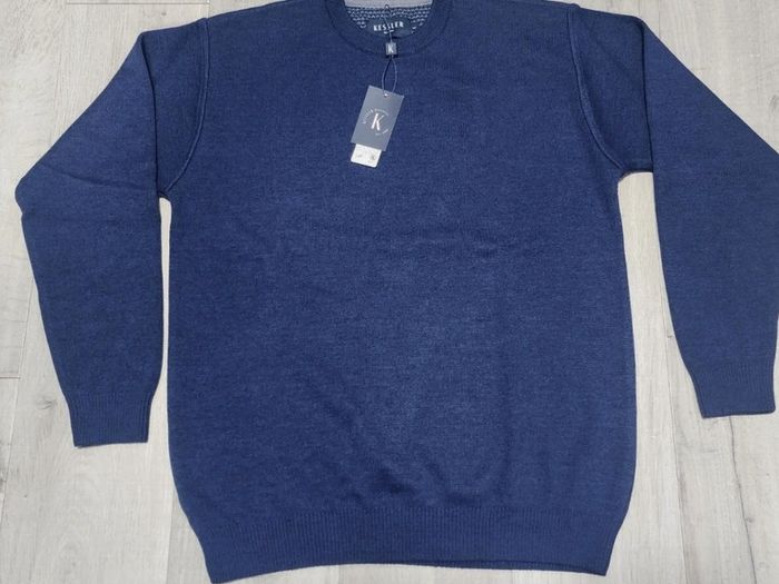 New Round Neck Mens warm Sweater Jumper Merino 50% wool RRP 80 eur Wool blend Solid Dark Blue brand NEW
