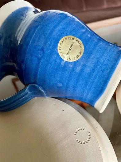 Vintage R and J Forrester Bandon Pottery Ireland Jug Sugar Bowl Plate Cobalt Blue Fruits Design