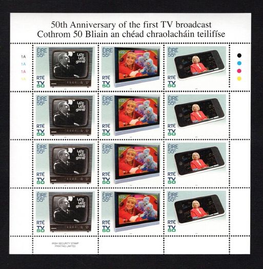 2011 Ireland 50th Anniversary of RTE Commemorative Stamps Sheetlet Plate 1A1A1A1A Mint Never Hinged (MNH)