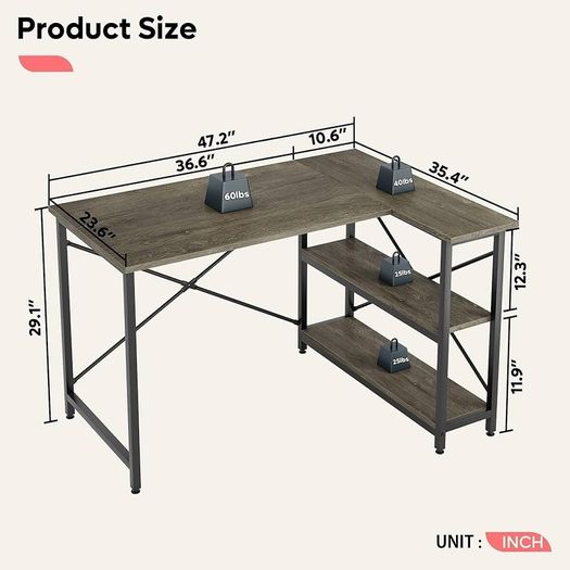 L Shaped Desk Small Corner Desk with Shelves 120CM Reversible Computer Desk Writing Table with Bookshelf for Home Office Small Space