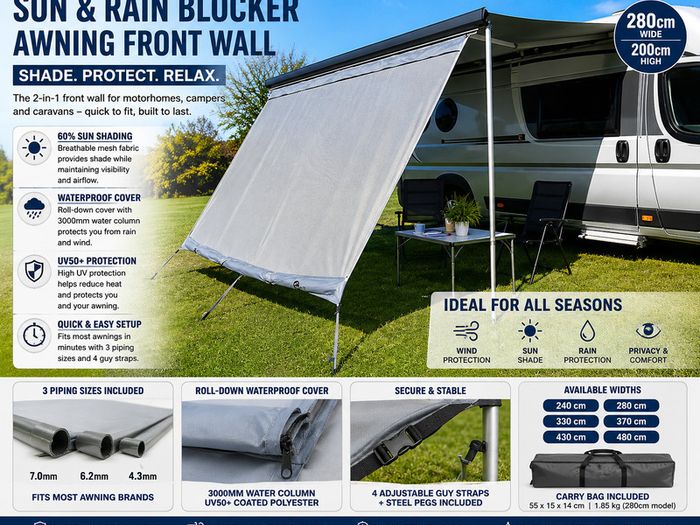 Sun + Rain Blocker 2.8 x 2 m - Front wall for awning