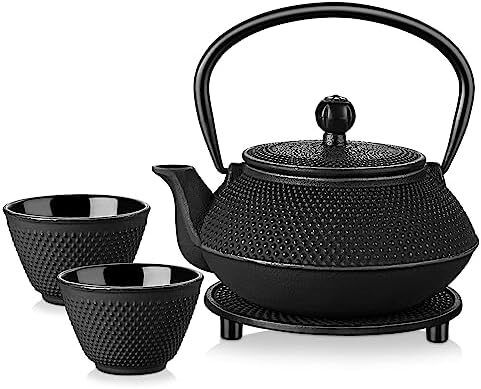 Iron Teapot set, Traditional Japanese Tetsubin Tea Kettle Cast Iron Teapot with Stainless Steel Infuser, Antique Small Dot Design, 2 Iron Cups and Trivet Stand Tray, 700ML/ 24OZ