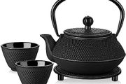 Iron Teapot set, Traditional Japanese Tetsubin Tea Kettle Cast Iron Teapot with Stainless Steel Infuser, Antique Small Dot Design, 2 Iron Cups and Trivet Stand Tray, 700ML/ 24OZ