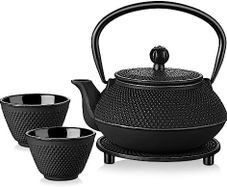 Iron Teapot set, Traditional Japanese Tetsubin Tea Kettle Cast Iron Teapot with Stainless Steel Infuser, Antique Small Dot Design, 2 Iron Cups and Trivet Stand Tray, 700ML/ 24OZ