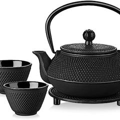 Iron Teapot set, Traditional Japanese Tetsubin Tea Kettle Cast Iron Teapot with Stainless Steel Infuser, Antique Small Dot Design, 2 Iron Cups and Trivet Stand Tray, 700ML/ 24OZ