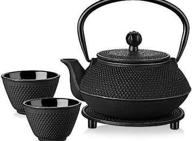 Iron Teapot set, Traditional Japanese Tetsubin Tea Kettle Cast Iron Teapot with Stainless Steel Infuser, Antique Small Dot Design, 2 Iron Cups and Trivet Stand Tray, 700ML/ 24OZ