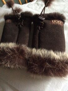 UGG's Brown Chestnut Suede Fingerless Gloves with fur trim