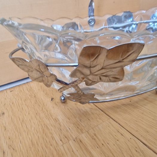 Vintage Glass Basket Dish with Ivy Holder